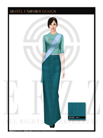 时尚蓝绿色长裙款中餐迎宾服装款式设计图782