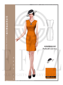 时尚橙色短袖连衣裙款专卖店营业员服装款式图1544
