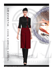 时尚酒红色短袖女款中餐厅厨师服款式设计图444