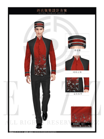 新款酒红色中国风长袖男款星级酒店门童款式效果图1247
