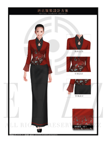 时尚酒红色长裙款高档中餐厅迎宾服装款式效果图862