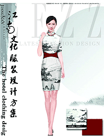 时尚山水画连衣裙中餐服务员制服设计图1997