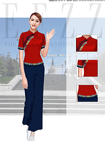 红色长袖女款民族特色酒店服装款式图233