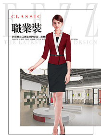 时尚枣红色女职业装夏装制服设计图757