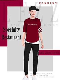 时尚暗红色短袖女款快餐厅服装款式设计图273
