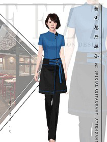 蓝色短袖女款快餐厅服务员制服设计图358