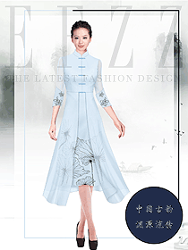 浅蓝色中式茶艺师女款制服款式设计图2024