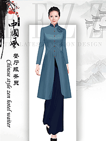 青色女款中餐服务员服装款式图2087