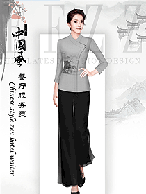 浅灰色山水画中餐厅服务员制服设计图2201