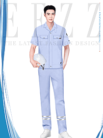 浅蓝色反光条男装工作服夏装设计效果图