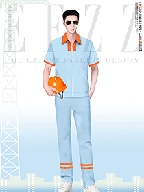 好看的浅蓝撞色夏季男装工作服设计图