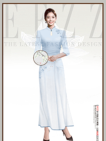 高端新中式改良淡蓝色旗袍复古女装设计
