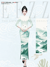星级酒店中国风华服中式制服水墨竹子山水画旗袍定制设计图