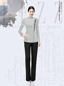 酒店客房服务清洁员阿姨圆领套装制服定制设计图