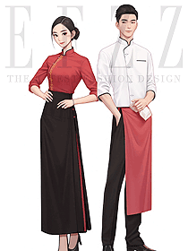特色餐厅工作服长袖男女火锅饭店服务员手绘设计图