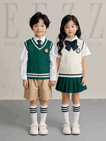 小学生绿色针织衫短袖衬衫校服款式图