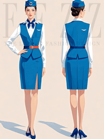 宝蓝色衬衫马甲空姐制服手绘效果图