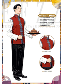 老北京特色餐馆员工红色马甲工作服定制手绘图