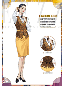 酒店中餐厅咖啡色衬衫马甲手绘工作服套装