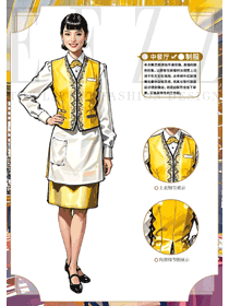 酒店餐馆衬衫金色马甲员工制服手绘图